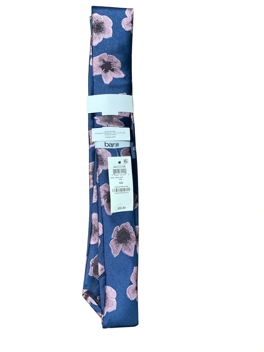 Bar III Men's Slim Tie Blue Pink Flower Print NWT Silk Blend Casual Wedding